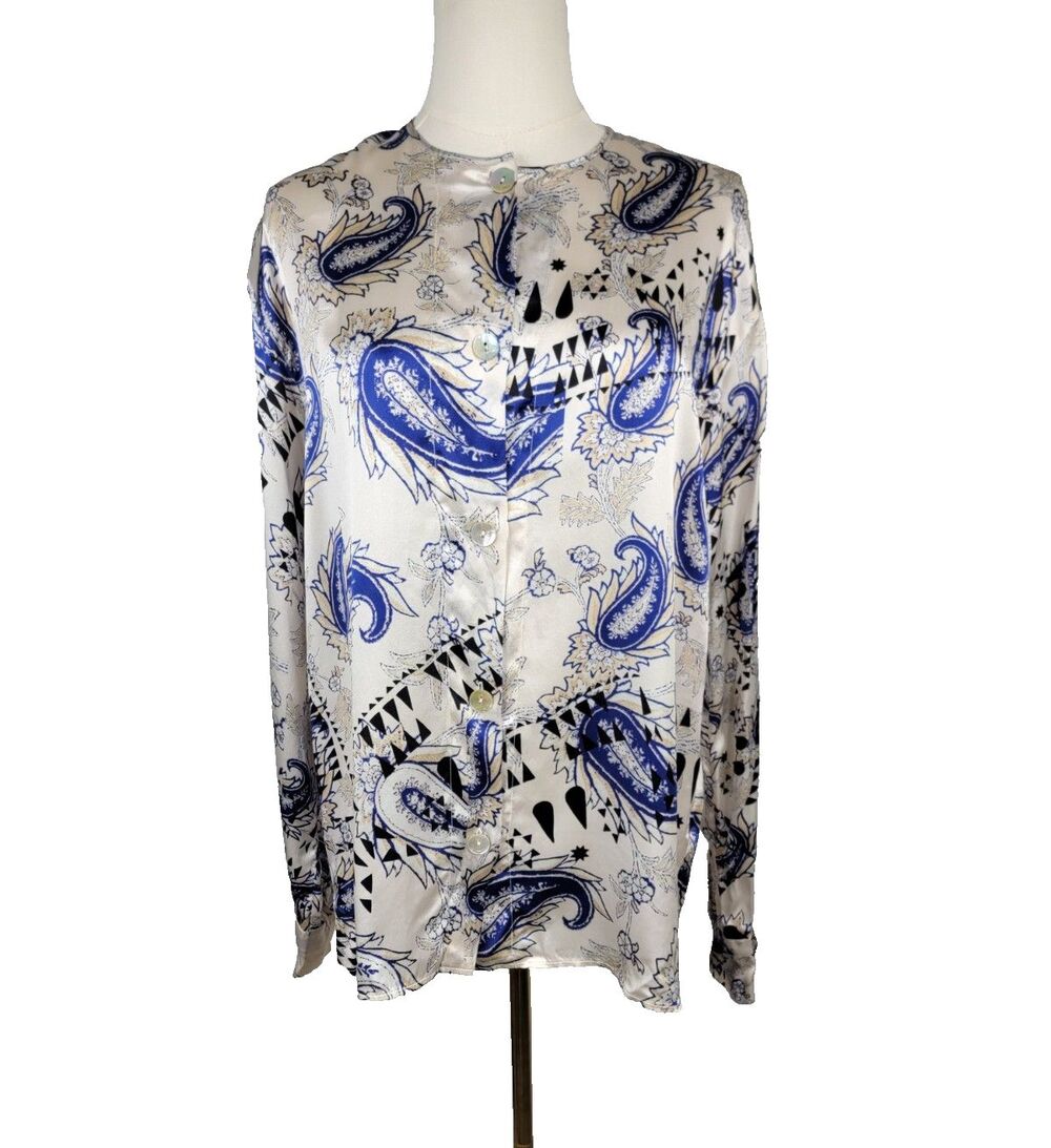 forte_forte "Masai" Blouse Size 1 Small Italy 100% Silk Blouse Paisley Blue